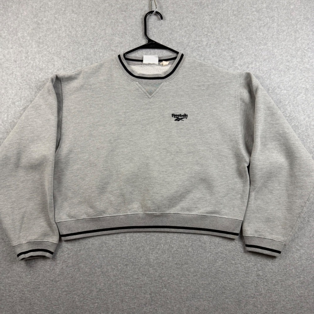 Vintage 90s Reebok Sweatshirt Unisex L Gray Cropped Embroidered Striped Trim